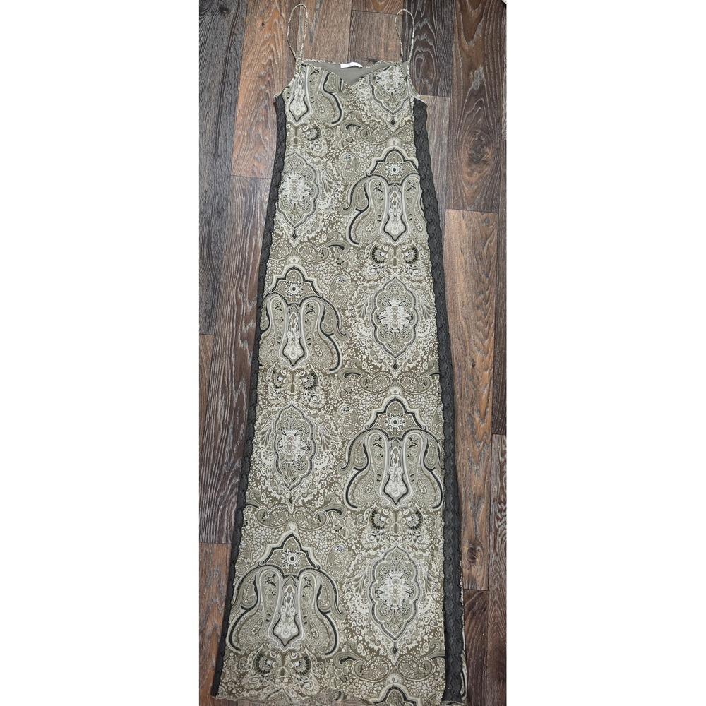 Promod Small Olive Green Paisley Mesh Maxi Dress Lace Trim Boho Spaghetti Strap
